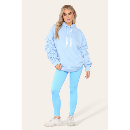 Stylish Plus Size Ruched Sleeve Hoodie with Satin Ribbon - Comfortable & Warm