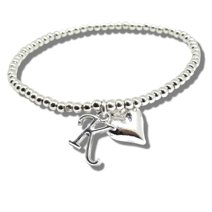 Personalised Silver Initial & Heart Charm Beaded Stretch Bracelet