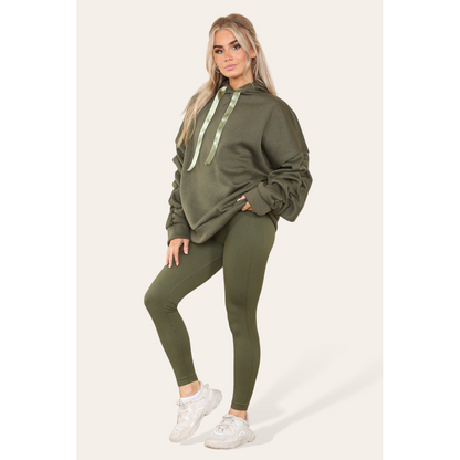 Stylish Plus Size Ruched Sleeve Hoodie with Satin Ribbon - Comfortable & Warm