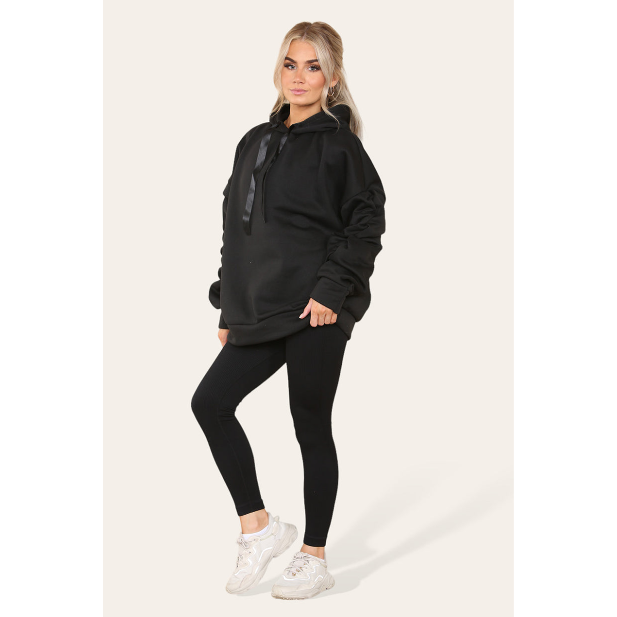 Stylish Plus Size Ruched Sleeve Hoodie with Satin Ribbon - Comfortable & Warm
