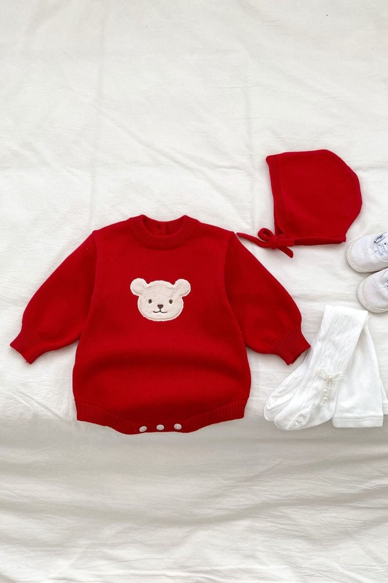 Winter Bear Knitted Bodysuit Red or Beige