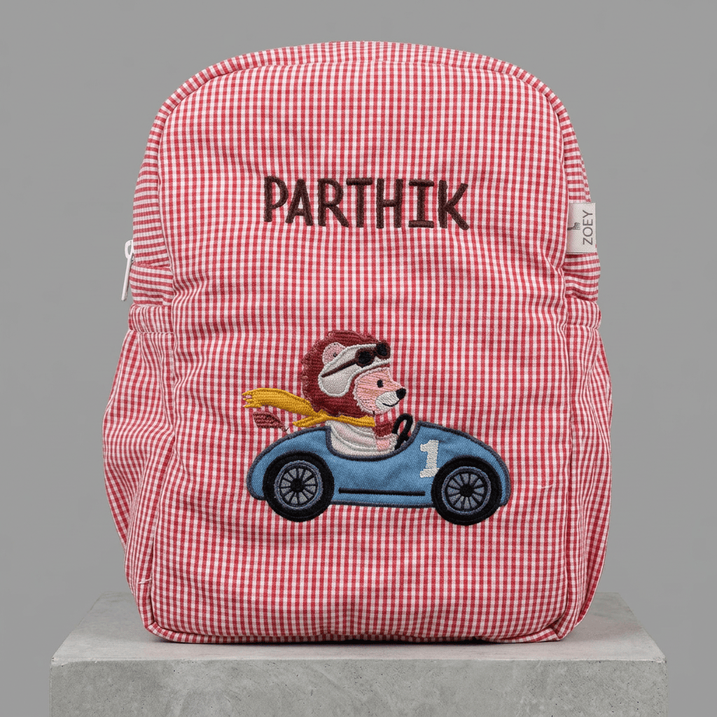 Little Racer Lion Personalised School Bag, Hand-Embroidered