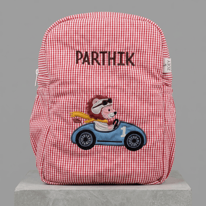 Little Racer Lion Personalised School Bag, Hand-Embroidered