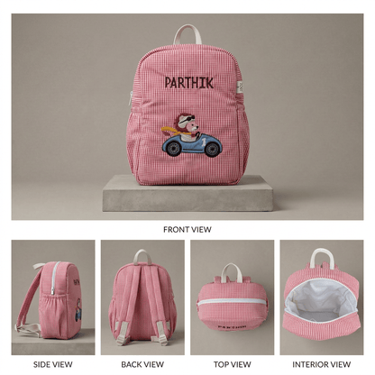 Little Racer Lion Personalised School Bag, Hand-Embroidered