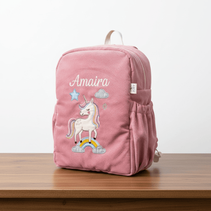 Unicorn Charm Personalised School Bag, Hand-Embroidered